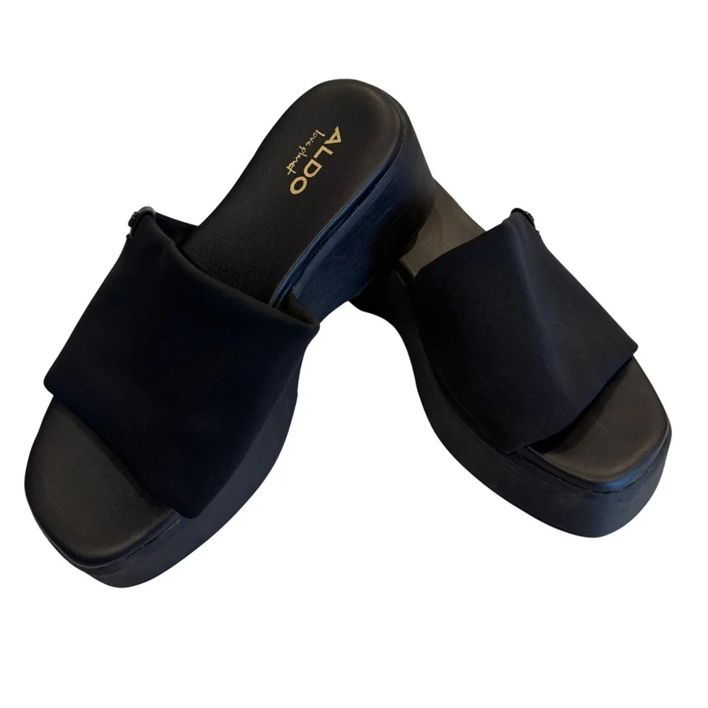 ALDO Love Planet Black Neoprene Platform Mule Sandals Y2K Minimalist Size 6